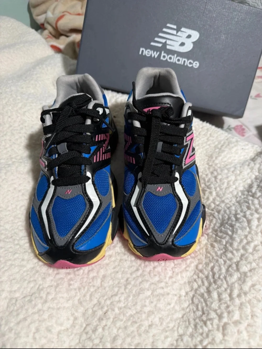 New Balance Kids Royal Blue Sneakers with Pink and Yellow Accents